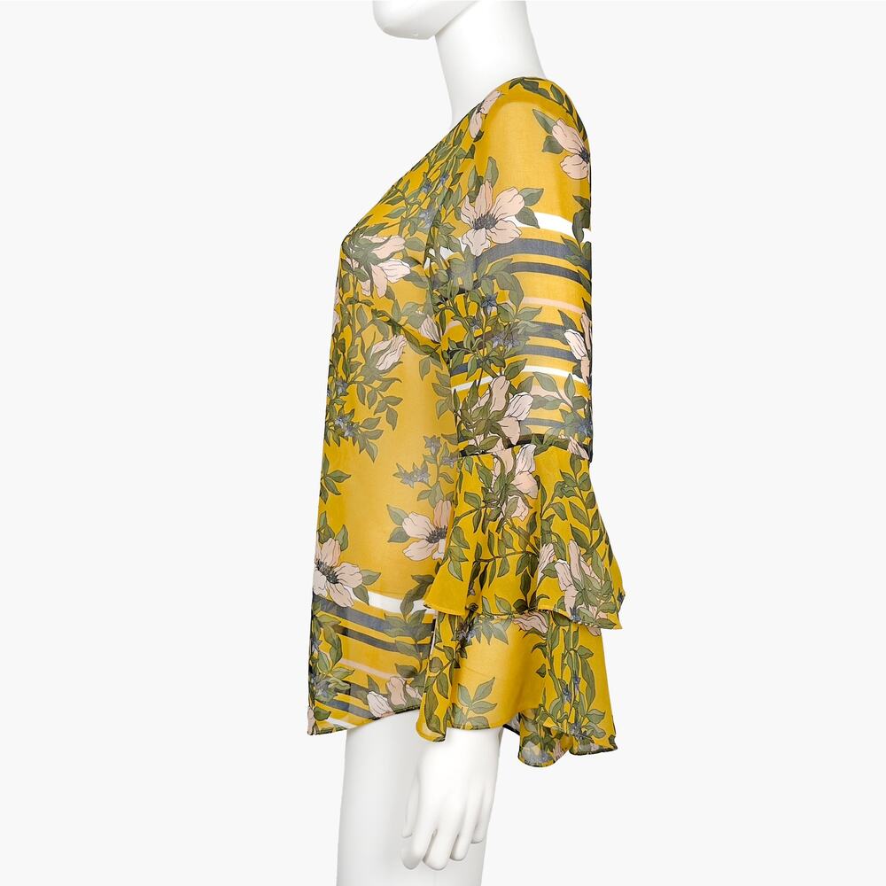 CABI "Scene" Sheer Chiffon Ruffle Bell Sleeve Floral Blouse (Yellow | Size S) - Picture 6 of 10